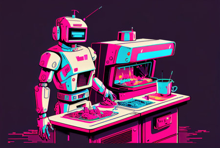 Cute robot eating food in the restaurant background. Technology and food concept. Generative AIの素材