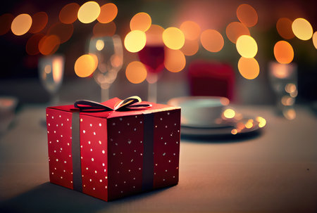 Celebrate gift box on the table with defocused bokeh light background. New year event and Christmas celebration concept. Generative AIの素材
