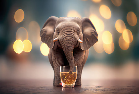 Happy baby elephant holding toasted wine glass in party and golden bokeh light background. Animal and wildlife concept. Digital art illustration. Generative AIの素材