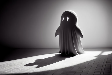 Cute ghost in the haunted house background. Halloween and spooky concept. Generative AIの素材