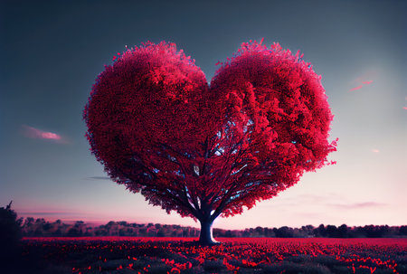Red heart shape tree landscape with sky background. Valentines day and romance concept. Digital art illustration. Generative AIの素材