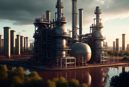 Oil refinery industrial plant with nature and sky background. Business and Industry concept. Digital art illustration. Generative AIの素材