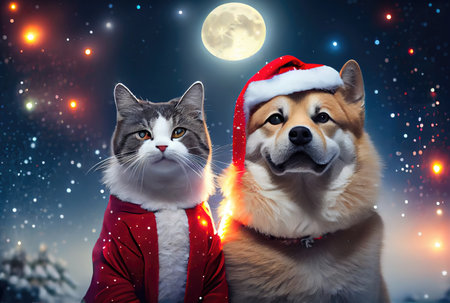 Happy Cat and Dog in Santa Claus costume with bokeh light and snowflakes background. Animal and Christmas day concept. Generative AIの素材