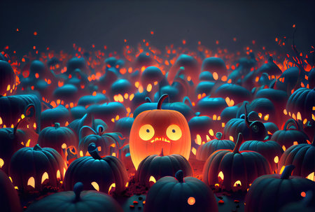 A cute pumpkin among other scary and unknown pumpkins in dark Halloween party. Mystery and spooky concept. Generative AIの素材