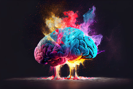 Creativity colorful brain exploding with powerful multicolor by powder coating color. Digital art illustration. Deep learning and mind blown concept. Generative AIの素材
