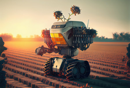 Robot farming harvesting agricultural products in crop field. Innovative futuristics technology and 5G smart farming concept. Generative AIの素材
