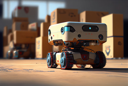 Robot AGV transporting cardboard box in warehouse background. Technology innovation and delivery concept. Generative AIの素材