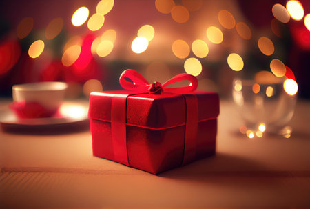 Celebrate gift box on the table with defocused bokeh light background. New year event and Christmas celebration concept. Generative AIの素材