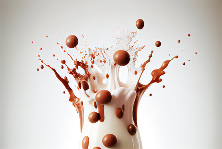 Dark chocolate balls falling on the milk and splashing on dark background. Food and dessert concept. Generative AIの素材
