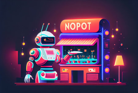 Cute robot eating food in the restaurant background. Technology and food concept. Generative AIの素材