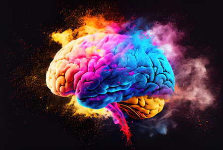 Creativity colorful brain exploding with powerful multicolor by powder coating color. Digital art illustration. Deep learning and mind blown concept. Generative AIの素材
