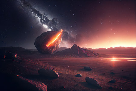 Meteorites and meteor showers are falling from outer space. Science and Astronomy concept. Digital art illustration. Generative AIの素材