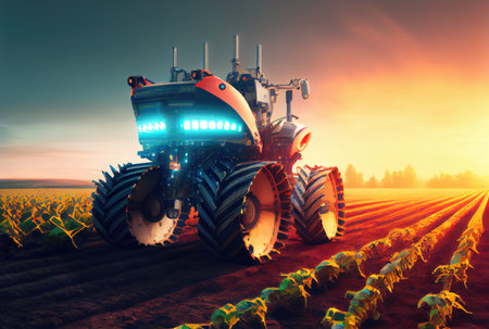 Robot farming harvesting agricultural products in crop field. Innovative futuristics technology and 5G smart farming concept. Generative AIの素材