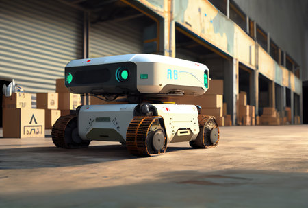 Robot AGV transporting cardboard box in warehouse background. Technology innovation and delivery concept. Generative AIの素材
