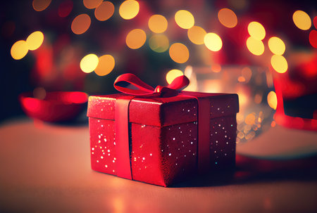 Celebrate gift box on the table with defocused bokeh light background. New year event and Christmas celebration concept. Generative AIの素材