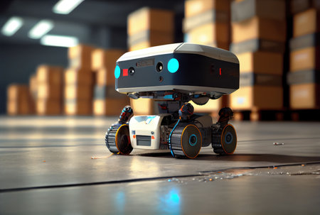 Robot AGV transporting cardboard box in warehouse background. Technology innovation and delivery concept. Generative AIの素材