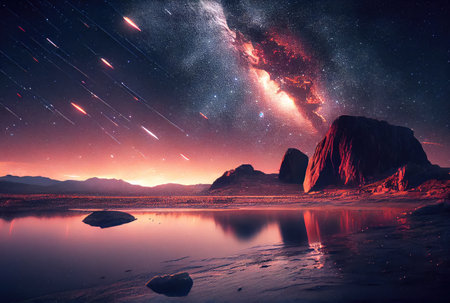 Meteorites and meteor showers are falling from outer space. Science and Astronomy concept. Digital art illustration. Generative AIの素材