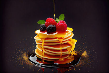 Mixed berries topping pancakes in dish on the dinning table. Sweet dessert and recipe concept. Generative AIの素材