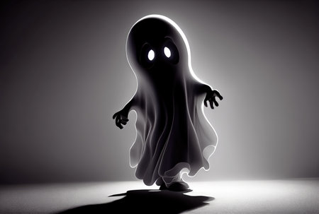Cute ghost in the haunted house background. Halloween and spooky concept. Generative AIの素材