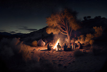 Tourists camping among the forest and lake with starry night sky background. Hobbies and leisure concept. Generative AIの素材