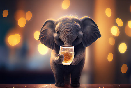 Happy baby elephant holding toasted wine glass in party and golden bokeh light background. Animal and wildlife concept. Digital art illustration. Generative AIの素材