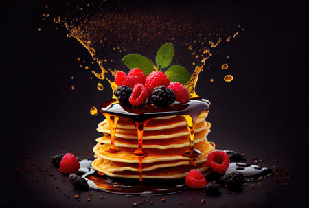 Mixed berries topping pancakes in dish on the dinning table. Sweet dessert and recipe concept. Generative AIの素材