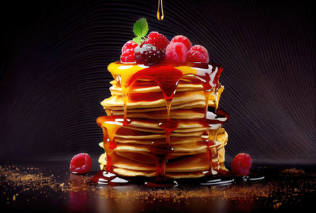 Mixed berries topping pancakes in dish on the dinning table. Sweet dessert and recipe concept. Generative AIの素材