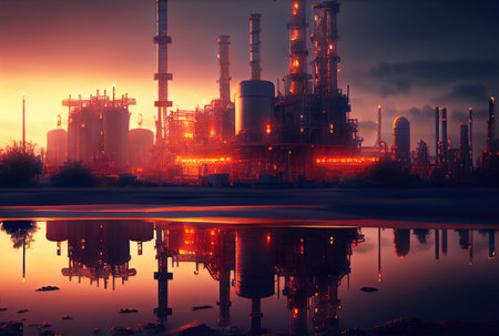 Oil refinery industrial plant with nature and sky background. Business and Industry concept. Digital art illustration. Generative AIの素材