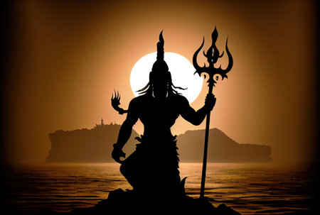 Silhoulette of Maha Shivratri concept with trident sword sculpture on orange golden hour in dawn background. Indian Culture and festival. Generative AIの素材