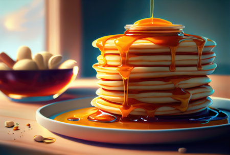 Buttermilk Pancakes in dish on the dinning table. Sweet dessert and recipe concept. Generative AIの素材