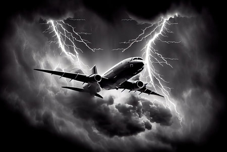 Commercial airplane hit by lightning thunder in bad weather storm background. Transportation and accident concept. Generative AIの素材
