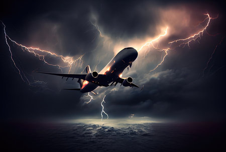 Commercial airplane hit by lightning thunder in bad weather storm background. Transportation and accident concept. Generative AIの素材