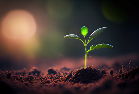 Seedlings sprout from the ground. Nature and life concept. Generative AIの素材