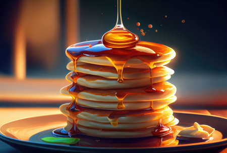 Buttermilk Pancakes in dish on the dinning table. Sweet dessert and recipe concept. Generative AIの素材