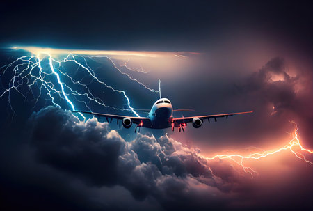 Commercial airplane hit by lightning thunder in bad weather storm background. Transportation and accident concept. Generative AIの素材