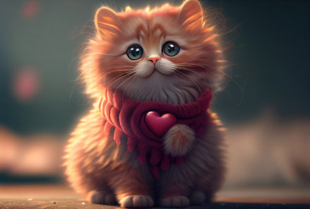 Cute kitten cat holding valentines day heart. Generative AIの素材