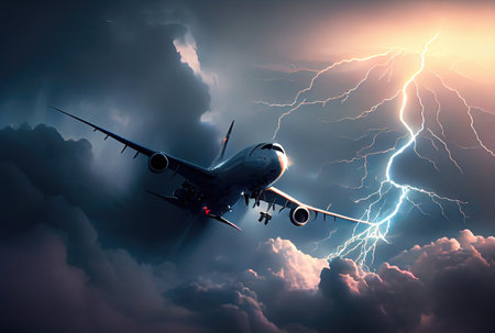 Commercial airplane hit by lightning thunder in bad weather storm background. Transportation and accident concept. Generative AIの素材
