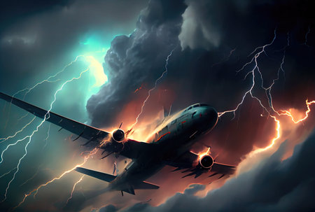 Commercial airplane hit by lightning thunder in bad weather storm background. Transportation and accident concept. Generative AIの素材