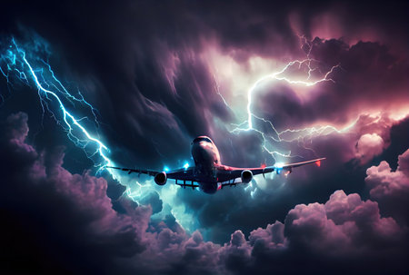 Commercial airplane hit by lightning thunder in bad weather storm background. Transportation and accident concept. Generative AIの素材