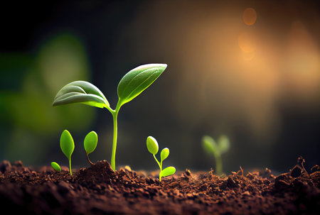 Seedlings sprout from the ground. Nature and life concept. Generative AIの素材