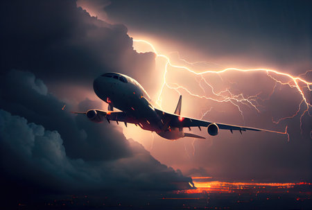 Commercial airplane hit by lightning thunder in bad weather storm background. Transportation and accident concept. Generative AIの素材