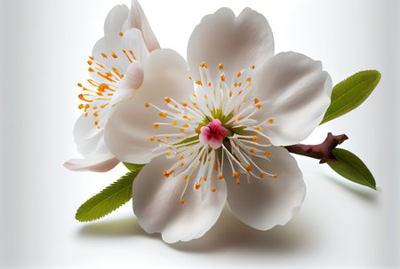 Closeup of White Cherry Blossom flower on white background. Digital art. Generative AIの素材