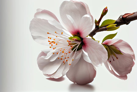 Closeup of White Cherry Blossom flower on white background. Digital art. Generative AIの素材