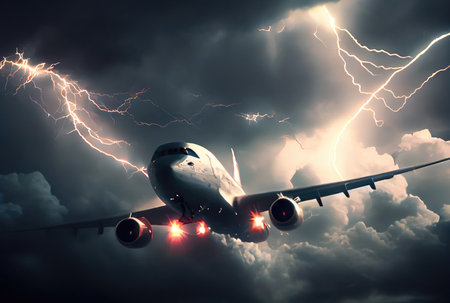 Commercial airplane hit by lightning thunder in bad weather storm background. Transportation and accident concept. Generative AIの素材