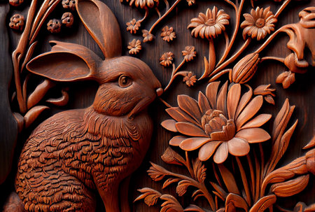 Wood carvings of rabbits and flowers on the wall background. Generative AIの素材
