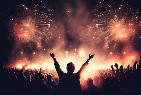 Colorful fireworks for celebration events and festival with silhouette crowd people from back view. Generative AIの素材