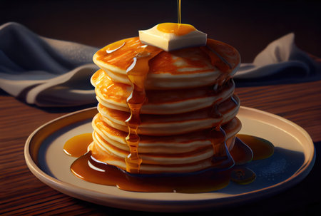 Buttermilk Pancakes in dish on the dinning table. Sweet dessert and recipe concept. Generative AIの素材