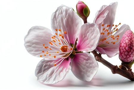 Closeup of White Cherry Blossom flower on white background. Digital art. Generative AIの素材