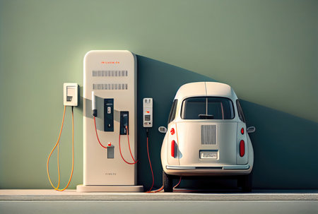 EV car with Electric charging station charger on build in wall at house. Technology and transportation concept. Generative AIの素材