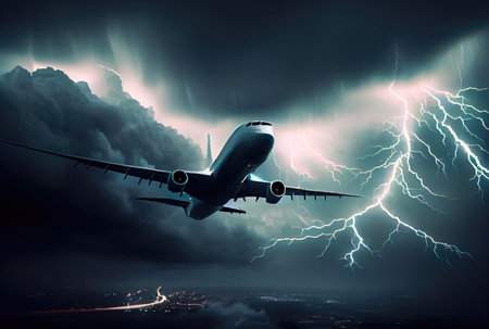 Commercial airplane hit by lightning thunder in bad weather storm background. Transportation and accident concept. Generative AIの素材